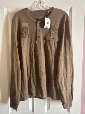 GUESS Men's Long Sleeve Henley Shirt in Olive